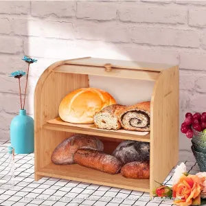 Bamboo Double Decker Bread Box – 2-Layer Large Bread Bin with Clear Front Window & Cutting Board Lid