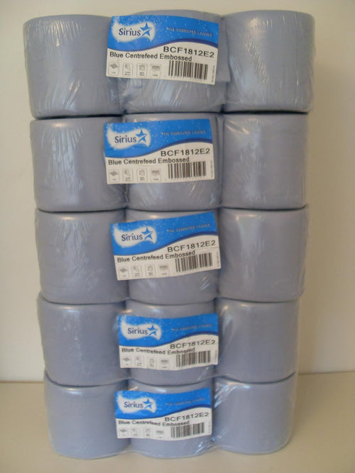 30 Eco Centrefeed Rolls 2ply Blue Embossed 400 sheets per roll 5 X 6 PACKS