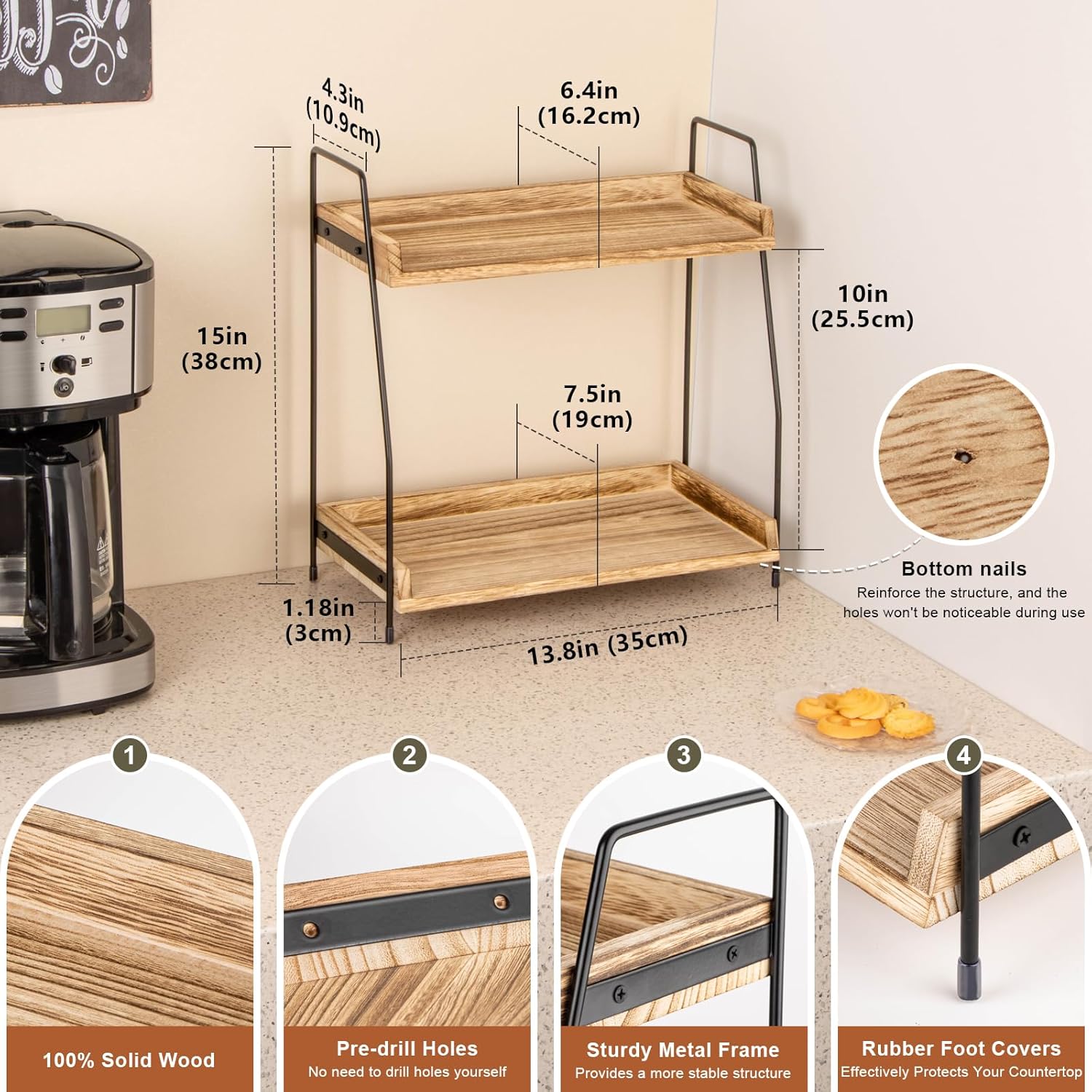 ANBOXIT Coffee Station Organizer for Countertop, 2 Tier Coffee Bar Accessories and Organizer, Wooden Kitchen Storage & Organisation, Countertop Organiser for Kitchen, Home, Office - Brown