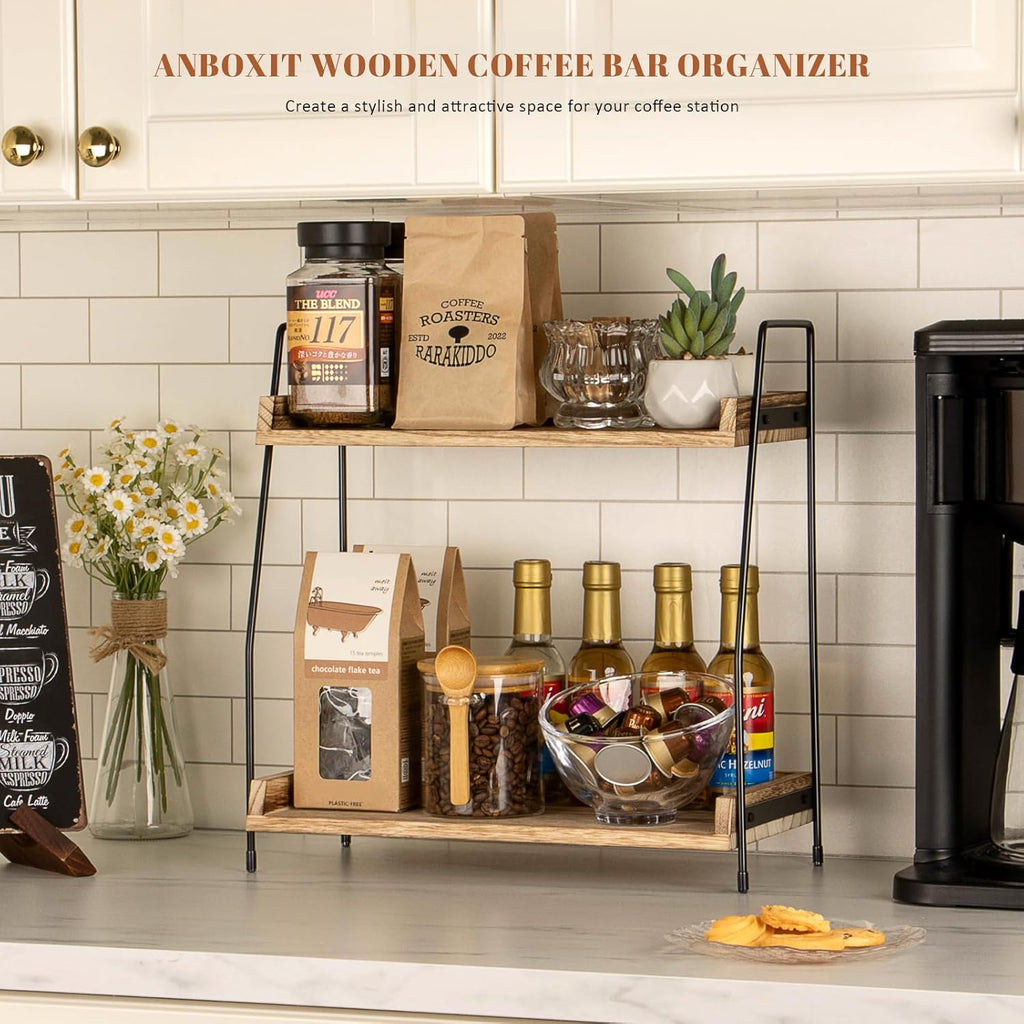 ANBOXIT Coffee Station Organizer for Countertop, 2 Tier Coffee Bar Accessories and Organizer, Wooden Kitchen Storage & Organisation, Countertop Organiser for Kitchen, Home, Office - Brown