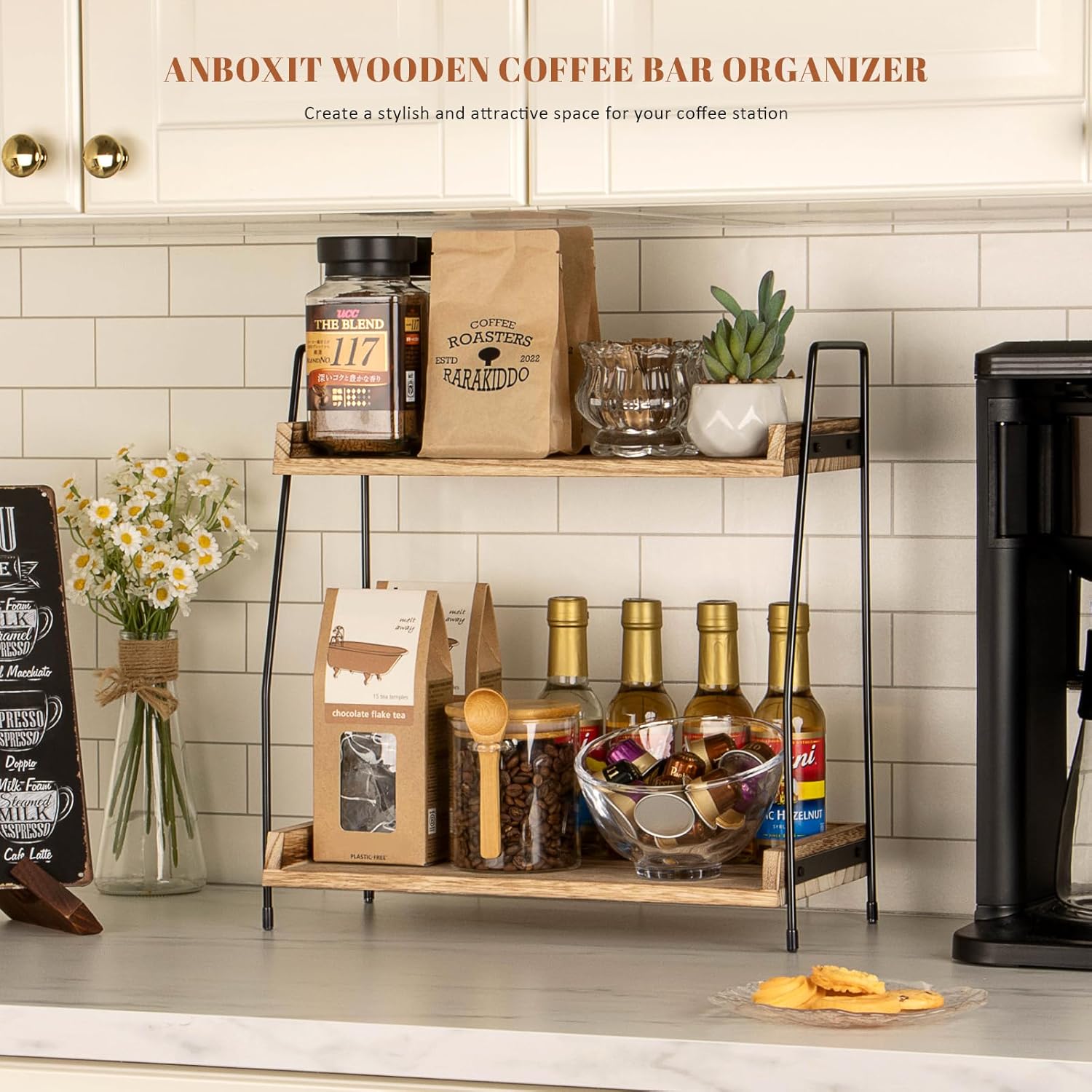 ANBOXIT Coffee Station Organizer for Countertop, 2 Tier Coffee Bar Accessories and Organizer, Wooden Kitchen Storage & Organisation, Countertop Organiser for Kitchen, Home, Office - Brown