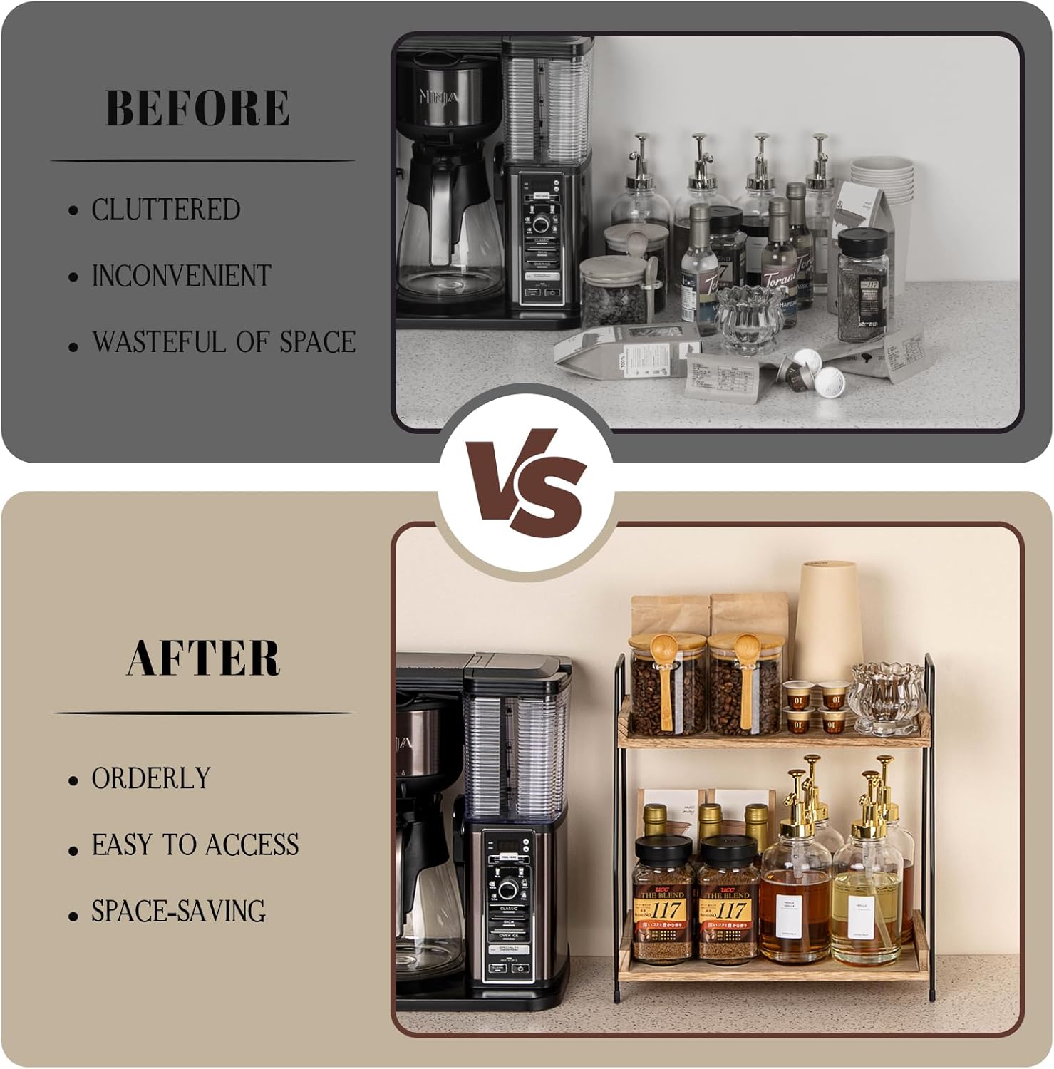ANBOXIT Coffee Station Organizer for Countertop, 2 Tier Coffee Bar Accessories and Organizer, Wooden Kitchen Storage & Organisation, Countertop Organiser for Kitchen, Home, Office - Brown
