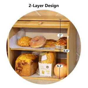 Bamboo Double Decker Bread Box – 2-Layer Large Bread Bin with Clear Front Window & Cutting Board Lid