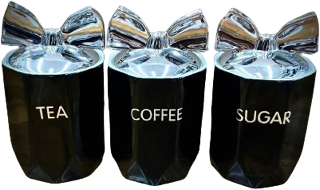 Biznest Set Of 3 Jars Silver Bow Lid Kitchen Canister Jar For Tea Coffee Sugar Storage Pots Marble Effect Home Decor Dining Table Eye-Catching Glamorous Design (Black)