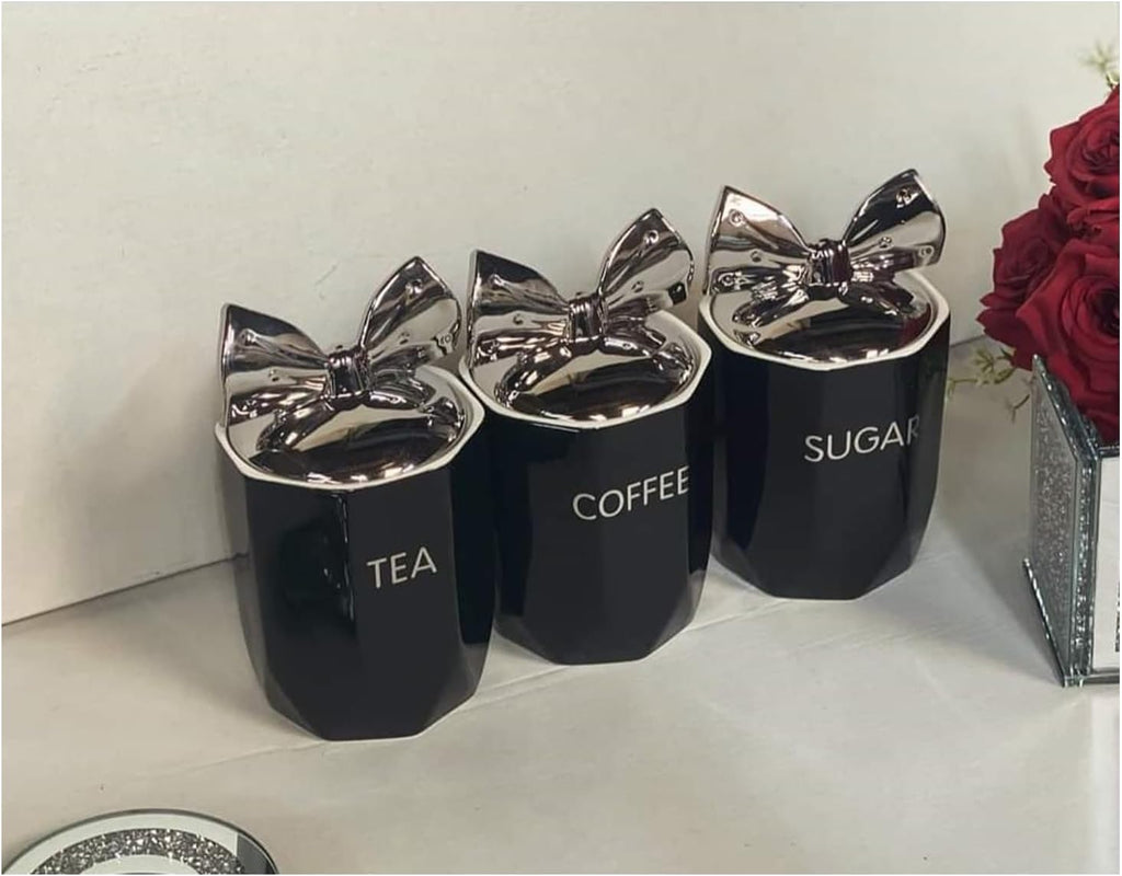 Biznest Set Of 3 Jars Silver Bow Lid Kitchen Canister Jar For Tea Coffee Sugar Storage Pots Marble Effect Home Decor Dining Table Eye-Catching Glamorous Design (Black)