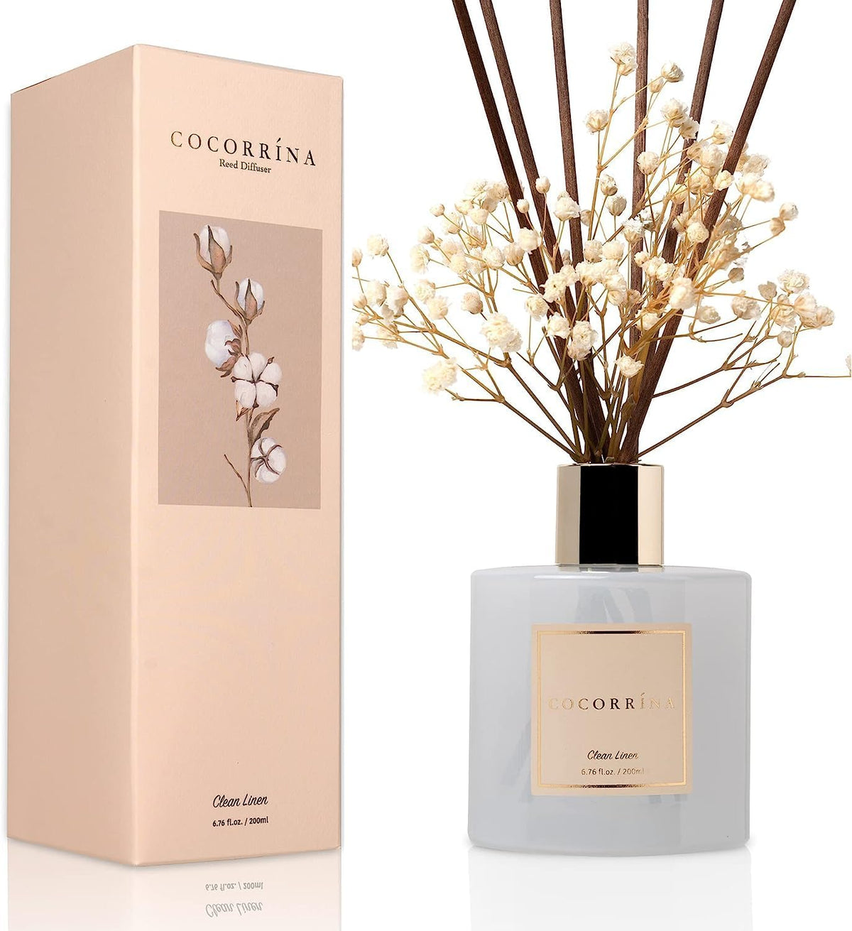 Cocorrína Reed Diffuser Set, 200ml Clean Linen Scented Diffuser with Sticks Home Fragrance for Bedroom Bathroom Living Room, Home & Office Decor