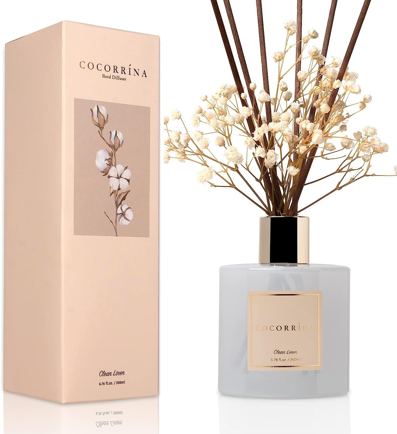 Cocorrína Reed Diffuser Set, 200ml Clean Linen Scented Diffuser with Sticks Home Fragrance for Bedroom Bathroom Living Room, Home & Office Decor