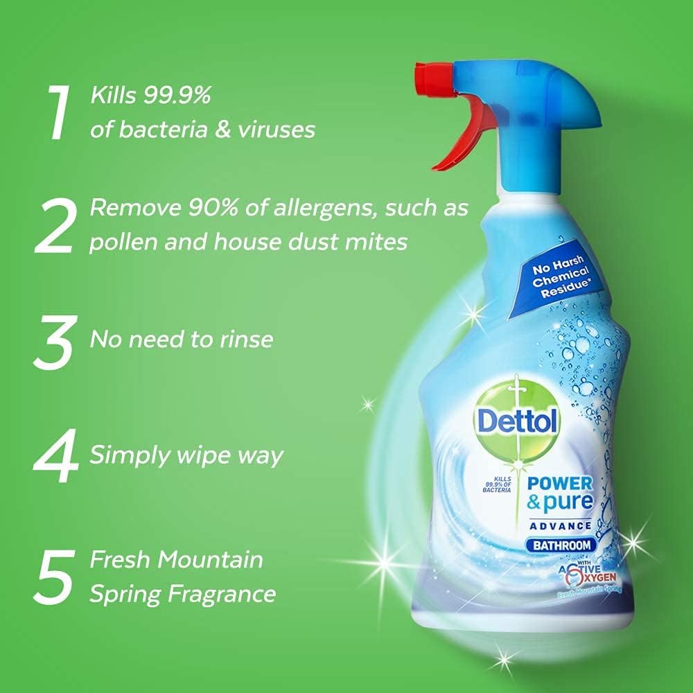 Dettol Power and Pure Bathroom Cleaner Spray 1 Litre, Pack of 6