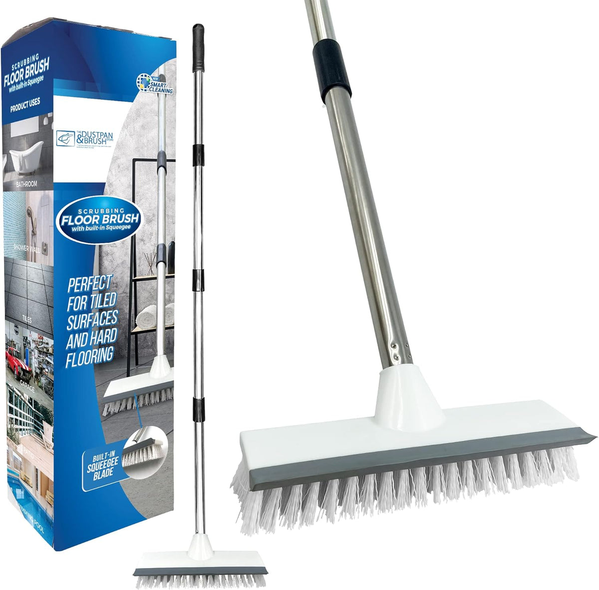 Floor Squeegee Broom Scrubbing Brush with Stiff Brush Bristles and 4PC Broom Handle for Home and Commercial Use - Bathroom Cleaning Scrubber, Floor Sweeper Indoor for Tile or Wood Surfaces