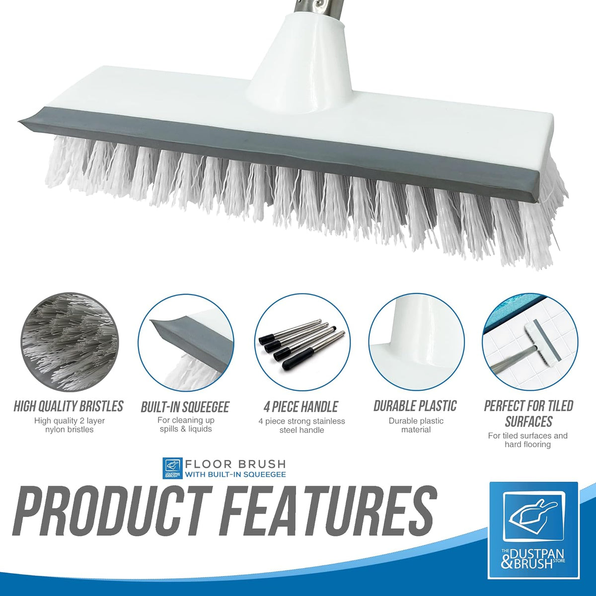 Floor Squeegee Broom Scrubbing Brush with Stiff Brush Bristles and 4PC Broom Handle for Home and Commercial Use - Bathroom Cleaning Scrubber, Floor Sweeper Indoor for Tile or Wood Surfaces