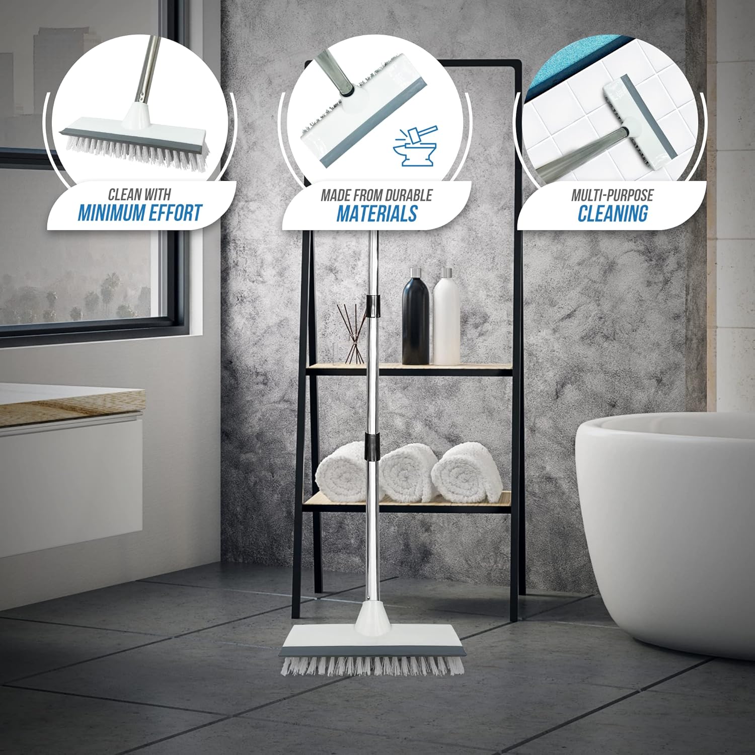 Floor Squeegee Broom Scrubbing Brush with Stiff Brush Bristles and 4PC Broom Handle for Home and Commercial Use - Bathroom Cleaning Scrubber, Floor Sweeper Indoor for Tile or Wood Surfaces