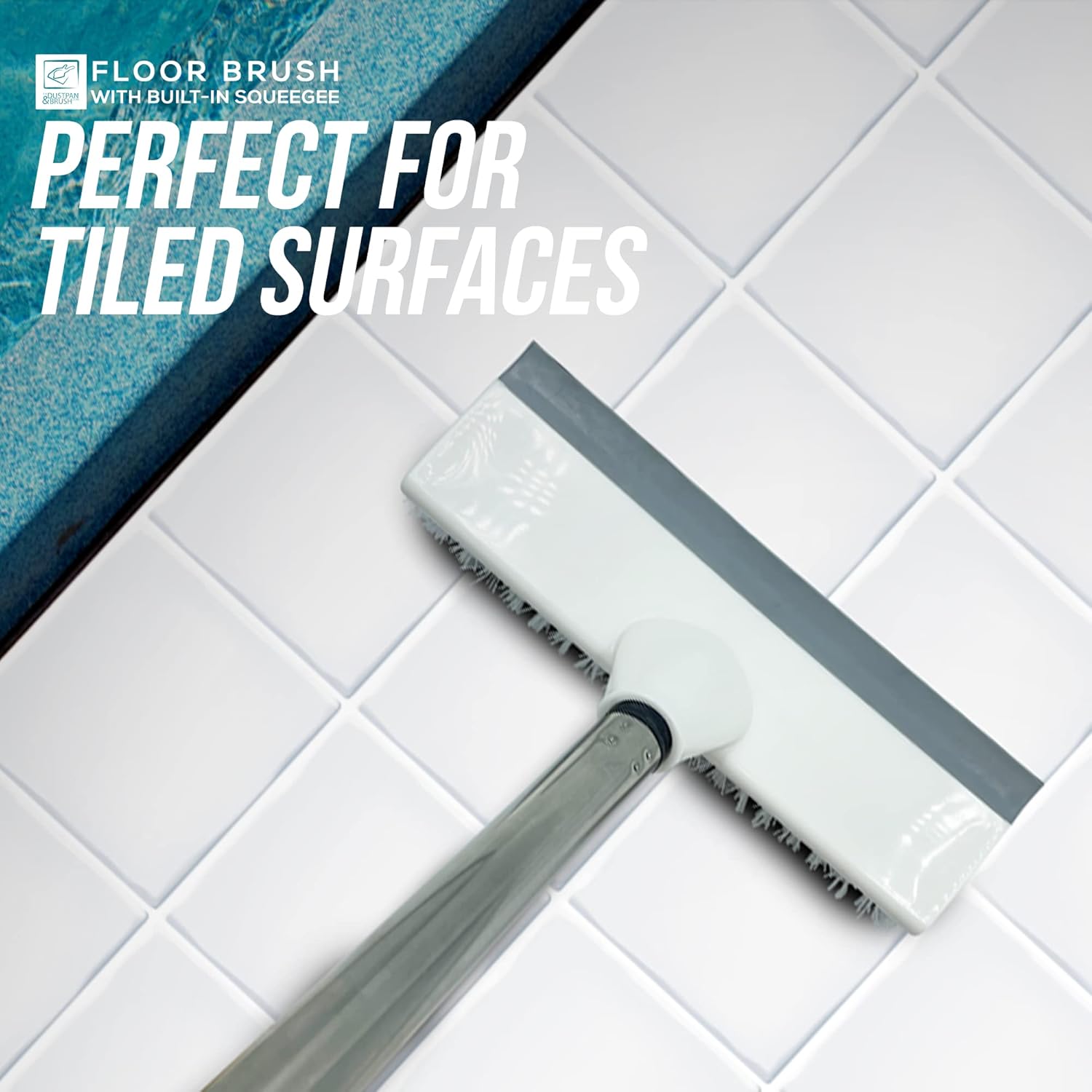 Floor Squeegee Broom Scrubbing Brush with Stiff Brush Bristles and 4PC Broom Handle for Home and Commercial Use - Bathroom Cleaning Scrubber, Floor Sweeper Indoor for Tile or Wood Surfaces