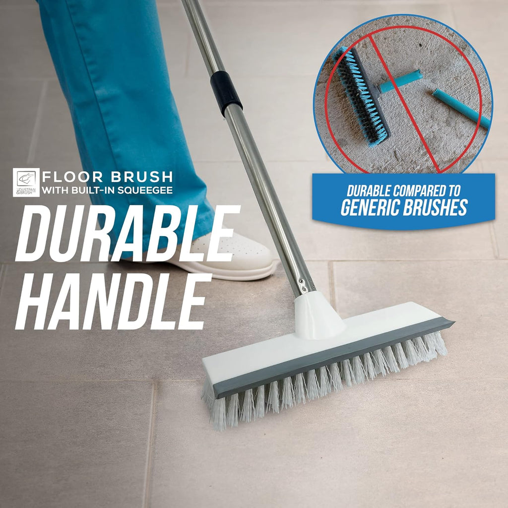 Floor Squeegee Broom Scrubbing Brush with Stiff Brush Bristles and 4PC Broom Handle for Home and Commercial Use - Bathroom Cleaning Scrubber, Floor Sweeper Indoor for Tile or Wood Surfaces