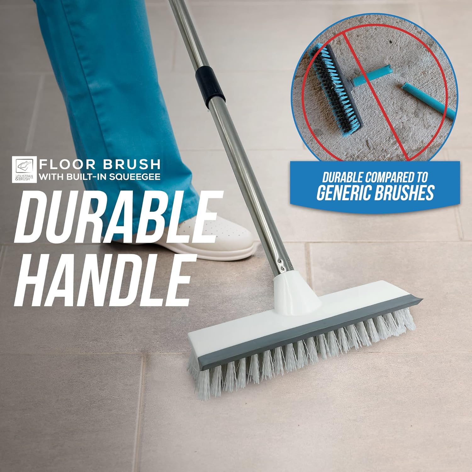 Floor Squeegee Broom Scrubbing Brush with Stiff Brush Bristles and 4PC Broom Handle for Home and Commercial Use - Bathroom Cleaning Scrubber, Floor Sweeper Indoor for Tile or Wood Surfaces