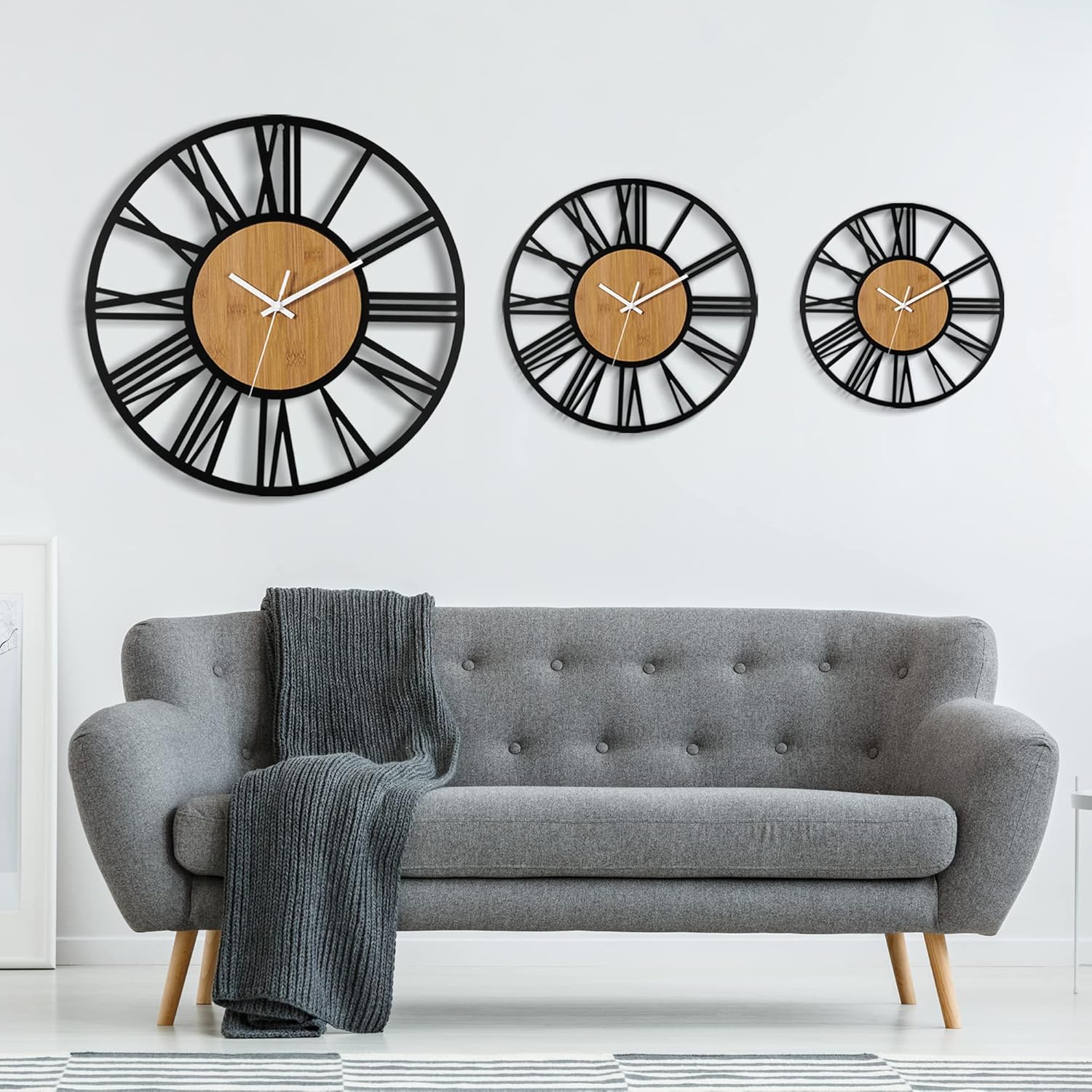 HAITANG Large Wall Clocks,Silent,Non Ticking,Battery Operated Rustic Round Modern Big Wood Wall Clock for Living Room, Bedroom,Kitchen,Farmhouse,Office,Home Decor-16IN(40cm, Black,Roman numeral)