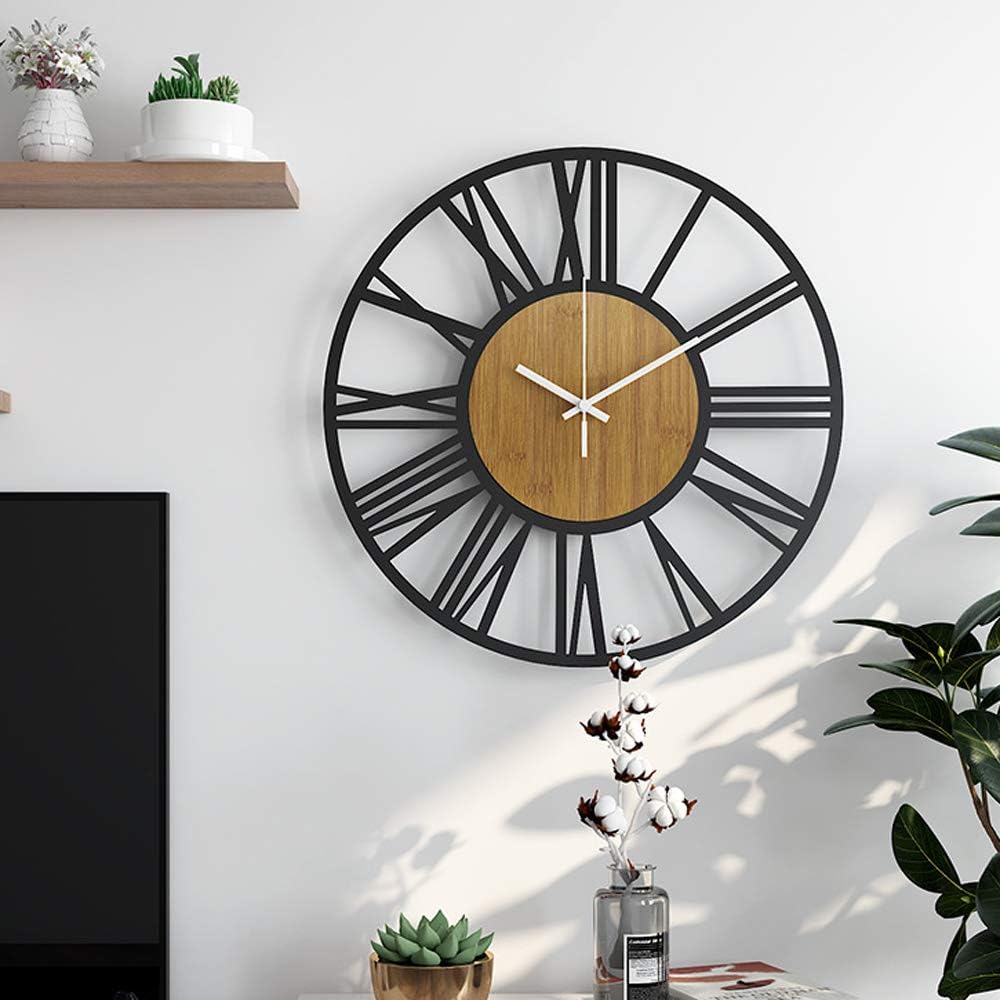 HAITANG Large Wall Clocks,Silent,Non Ticking,Battery Operated Rustic Round Modern Big Wood Wall Clock for Living Room, Bedroom,Kitchen,Farmhouse,Office,Home Decor-16IN(40cm, Black,Roman numeral)