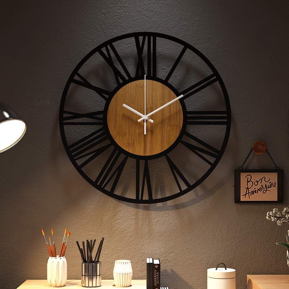 HAITANG Large Wall Clocks,Silent,Non Ticking,Battery Operated Rustic Round Modern Big Wood Wall Clock for Living Room, Bedroom,Kitchen,Farmhouse,Office,Home Decor-16IN(40cm, Black,Roman numeral)