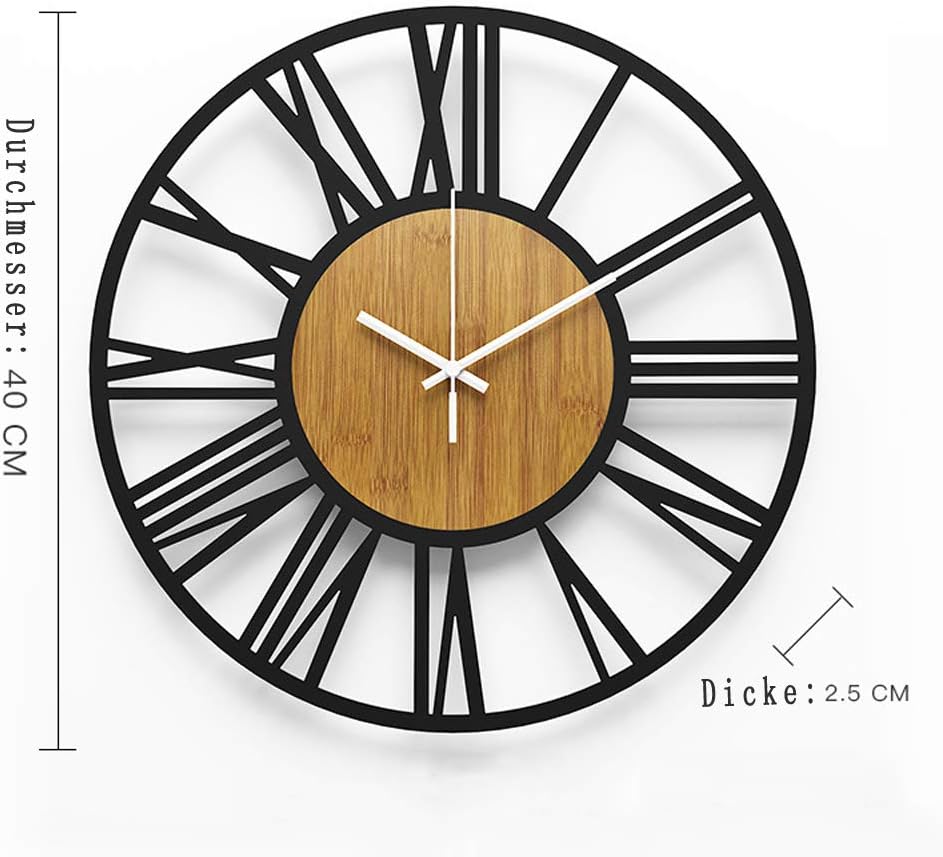HAITANG Large Wall Clocks,Silent,Non Ticking,Battery Operated Rustic Round Modern Big Wood Wall Clock for Living Room, Bedroom,Kitchen,Farmhouse,Office,Home Decor-16IN(40cm, Black,Roman numeral)