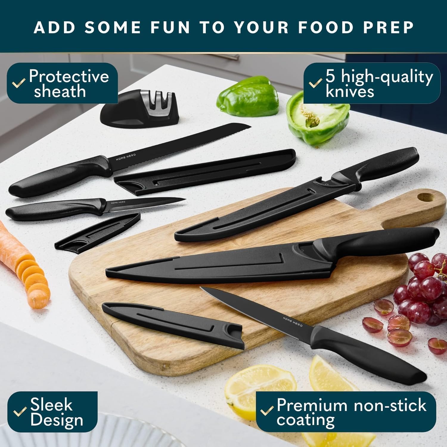 Home Hero Ultra-Sharp Stainless Steel Kitchen Knife Set - Chef Knives Set (11 pcs Set - Black with Sheath)