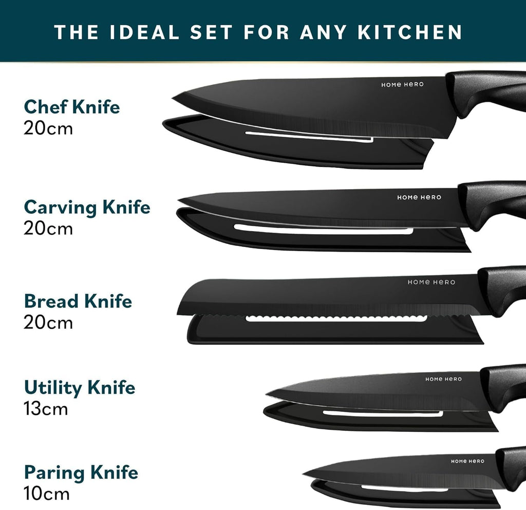 Home Hero Ultra-Sharp Stainless Steel Kitchen Knife Set - Chef Knives Set (11 pcs Set - Black with Sheath)