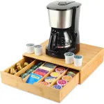 Bamboo Coffee Pod Holder Stand – Tea & Coffee Machine Organizer with Sliding Drawer Storage