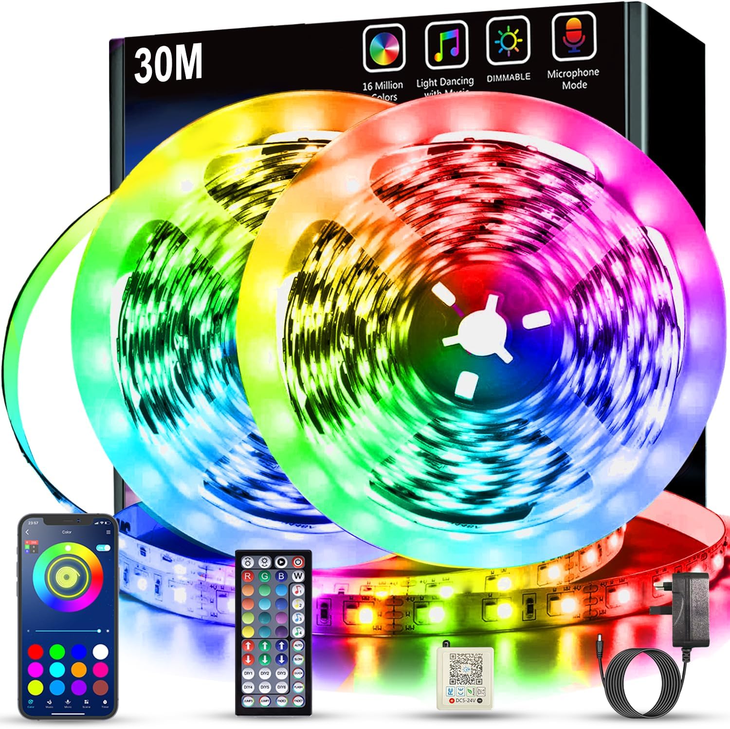 Keepsmile Led Strip Lights 30M (2 Rolls of 15M) Smart App Control Music Sync Color Changing RGB Led Light Strips with Remote Bluetooth Flexible Lights for Bedroom Party Birthday Home Room Decor [Energy Class A]