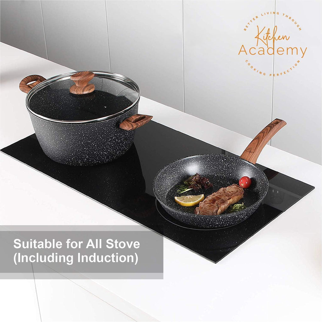 Kitchen Academy Induction Hob Pots and Pans Set - 12 Piece Cooking Pans Set, Black Granite Kitchen Cookware Set,Nonstick Saucepan Set PFOS & PFOA Free