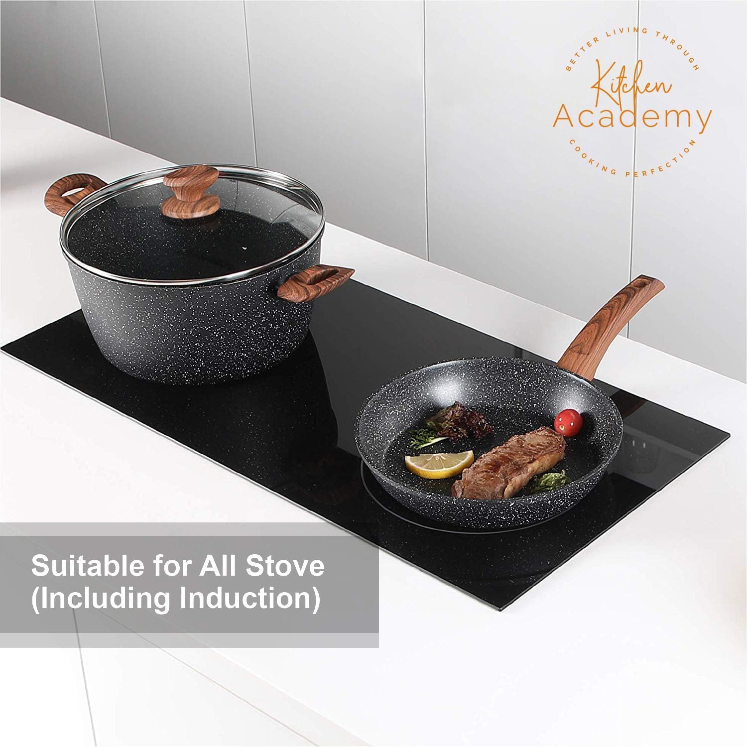 Kitchen Academy Induction Hob Pots and Pans Set - 12 Piece Cooking Pans Set, Black Granite Kitchen Cookware Set,Nonstick Saucepan Set PFOS & PFOA Free