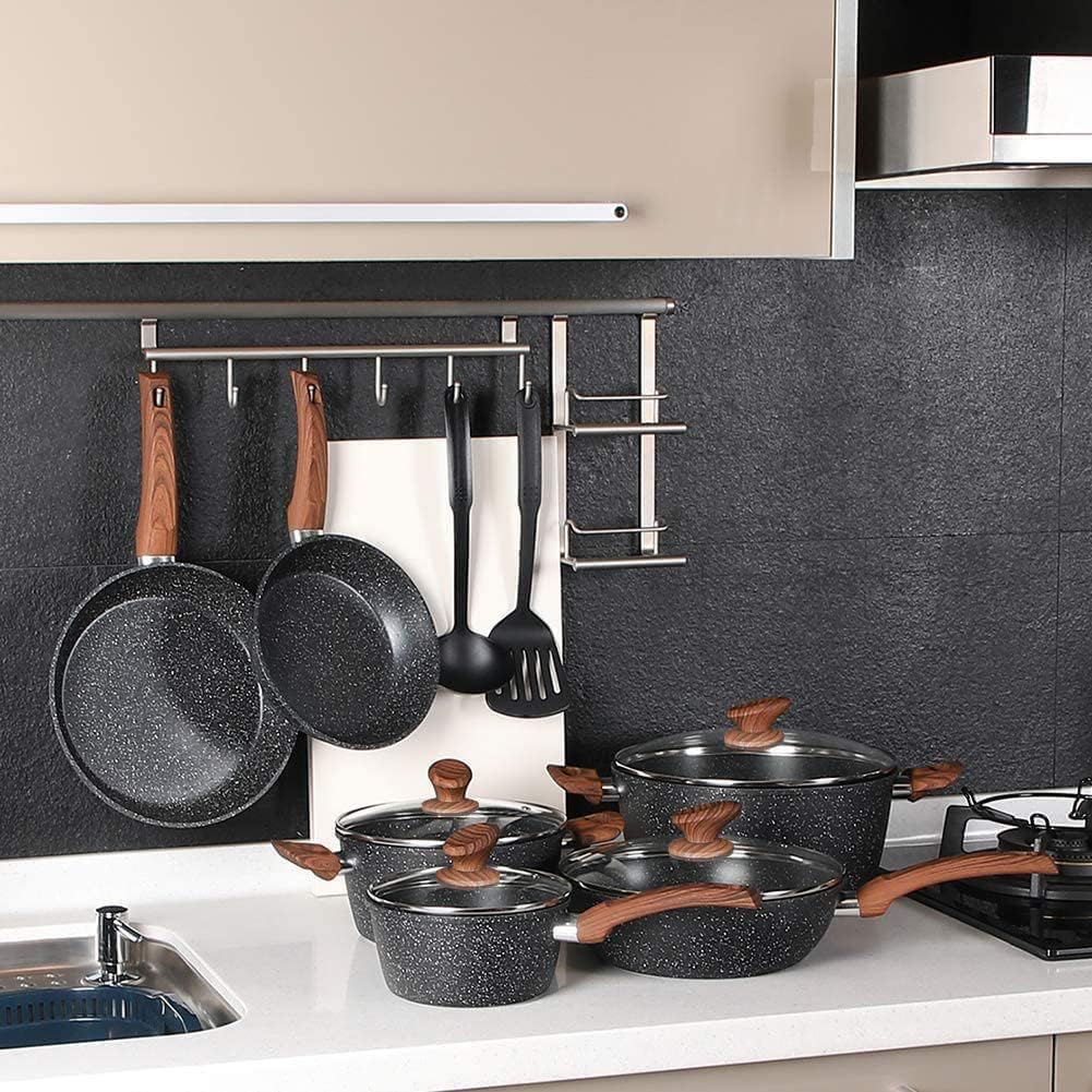 Kitchen Academy Induction Hob Pots and Pans Set - 12 Piece Cooking Pans Set, Black Granite Kitchen Cookware Set,Nonstick Saucepan Set PFOS & PFOA Free