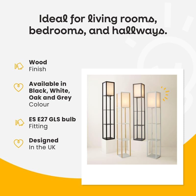 MiniSun | Black Wooden Floor Lamp with Shelves | Floor Lamps & Torchieres, Home Décor & Improvement Essential | Includes 10W GLS Bulb [3000K Warm White]