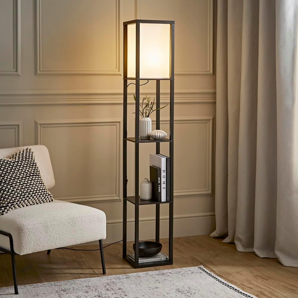 MiniSun | Black Wooden Floor Lamp with Shelves | Floor Lamps & Torchieres, Home Décor & Improvement Essential | Includes 10W GLS Bulb [3000K Warm White]