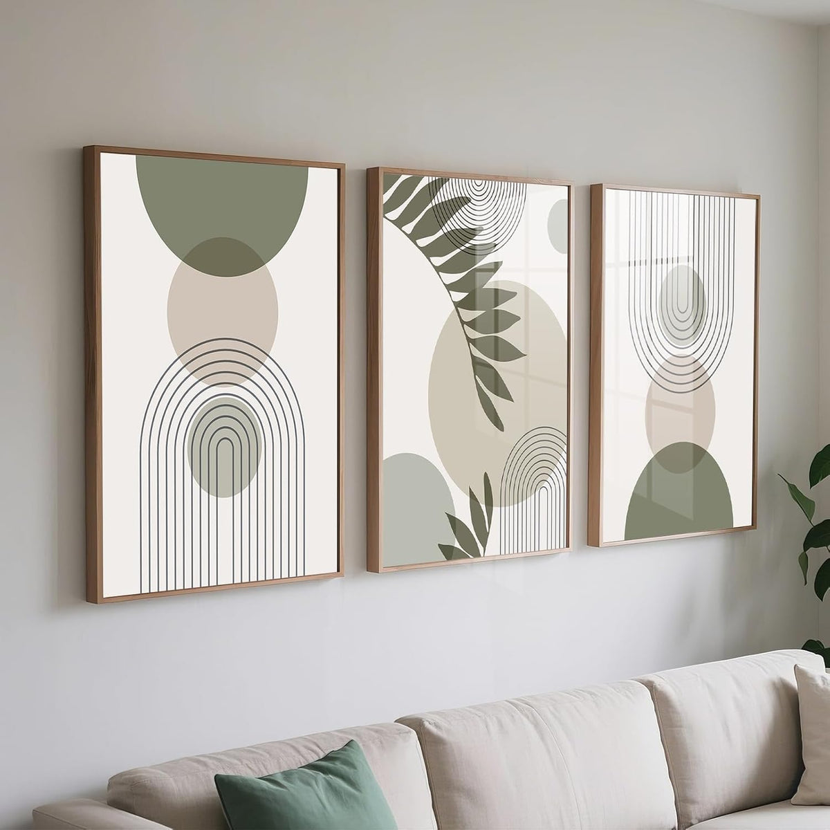 Sage Green Wall Art Set of 3 - Boho Pictures for Living Room and Bedroom Decor,
