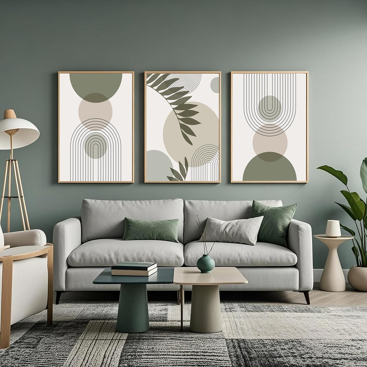 Sage Green Wall Art Set of 3 - Boho Pictures for Living Room and Bedroom Decor,