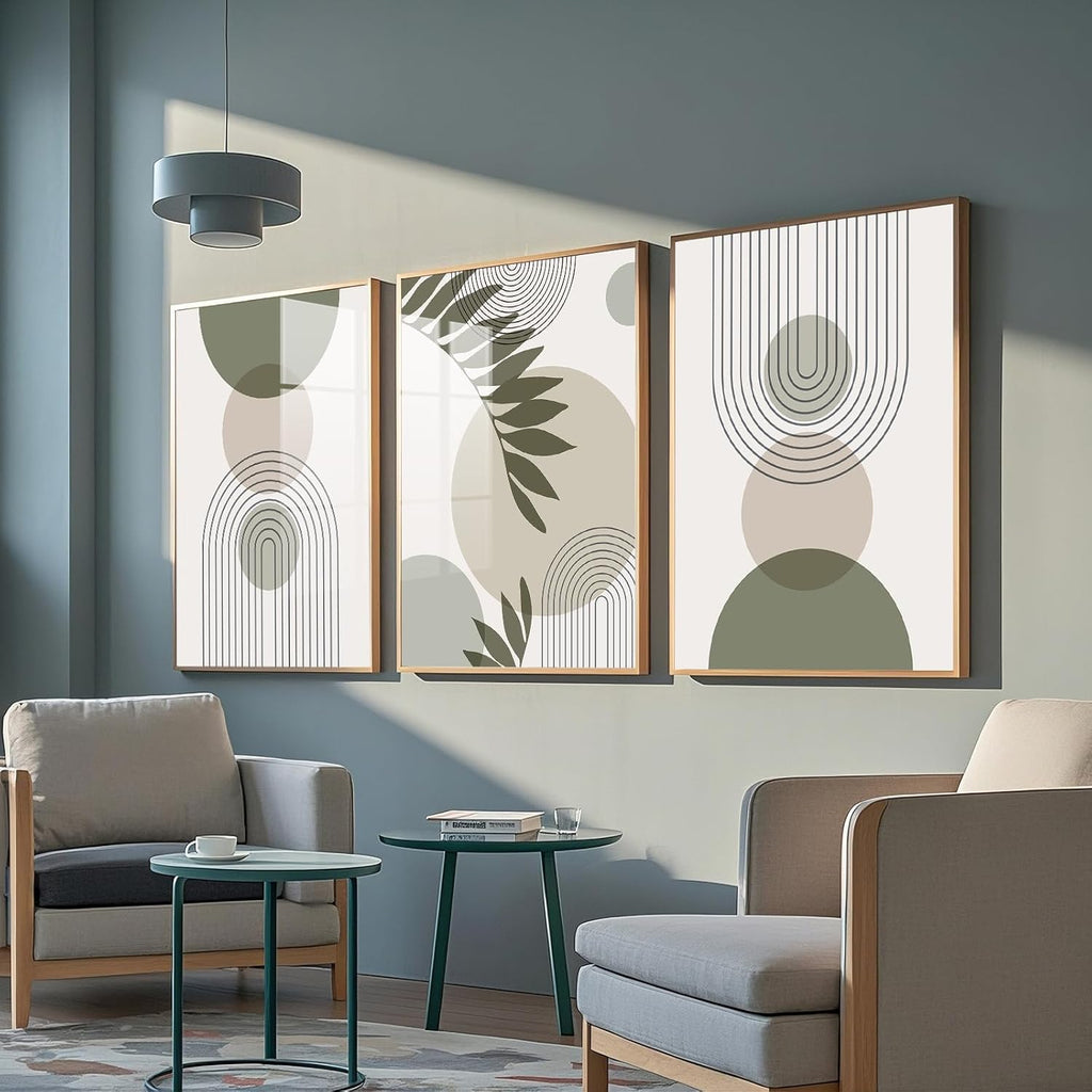 Sage Green Wall Art Set of 3 - Boho Pictures for Living Room and Bedroom Decor,