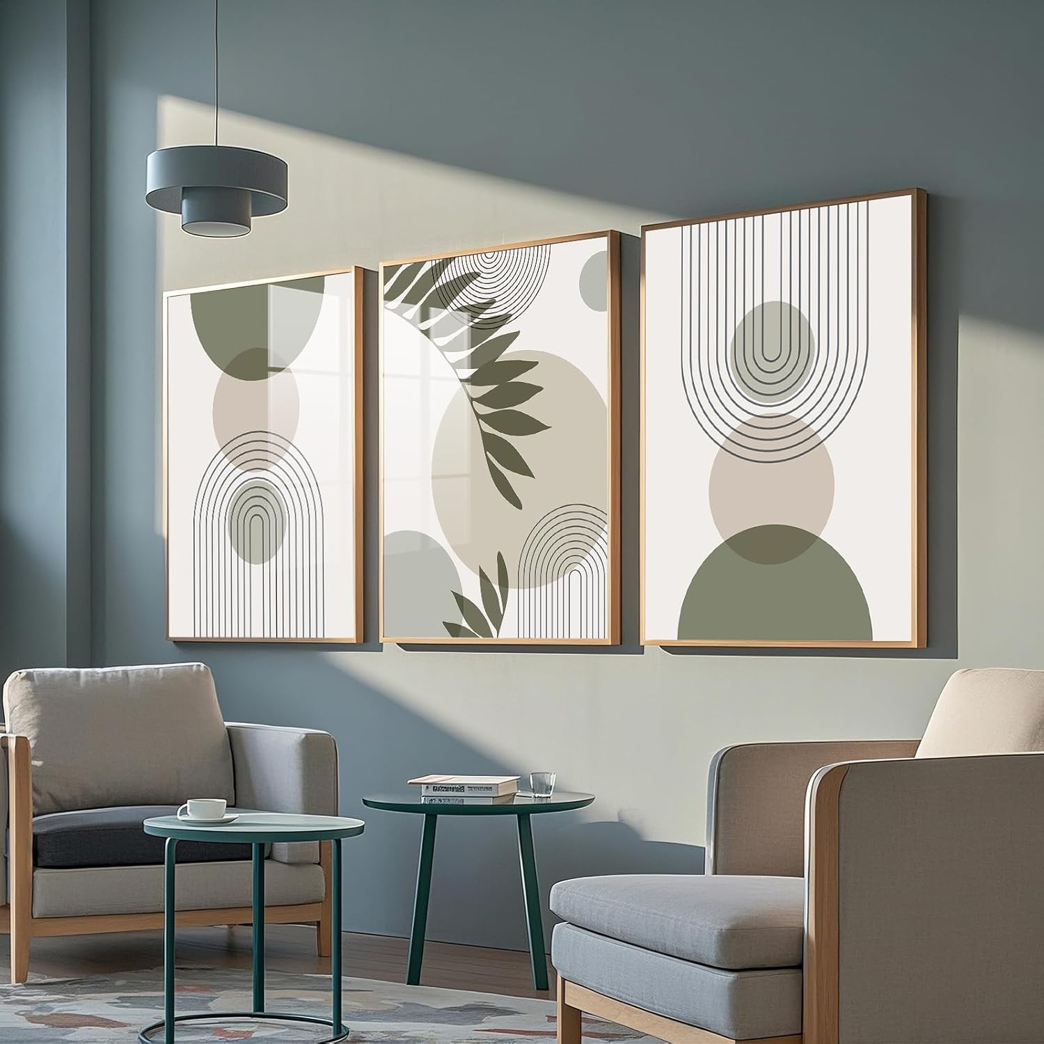 Sage Green Wall Art Set of 3 - Boho Pictures for Living Room and Bedroom Decor,