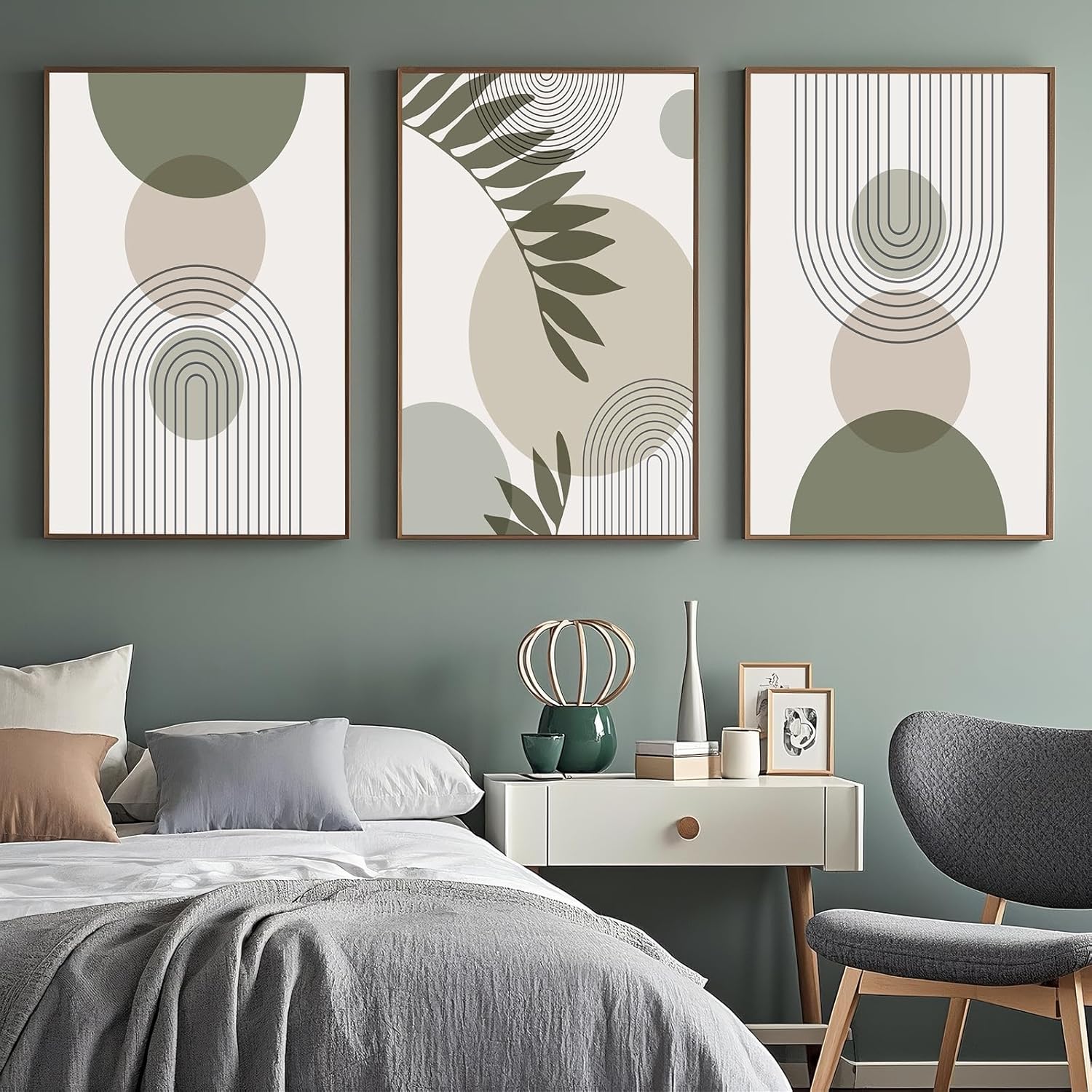 Sage Green Wall Art Set of 3 - Boho Pictures for Living Room and Bedroom Decor,