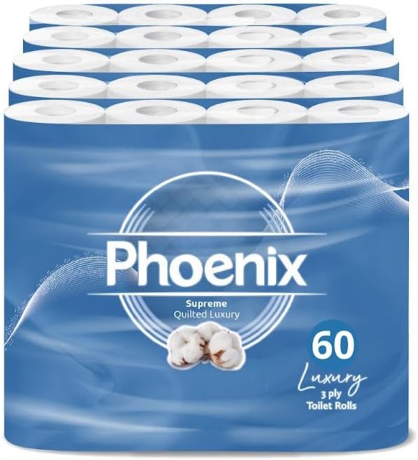 Phoenix Toilet Rolls – 60 Pack | 3 Ply Supreme Unscented Toilet Paper | Bulk Buy, Soft, Quilted, Sustainably Sourced, Eco- Friendly Luxury Bathroom Tissue