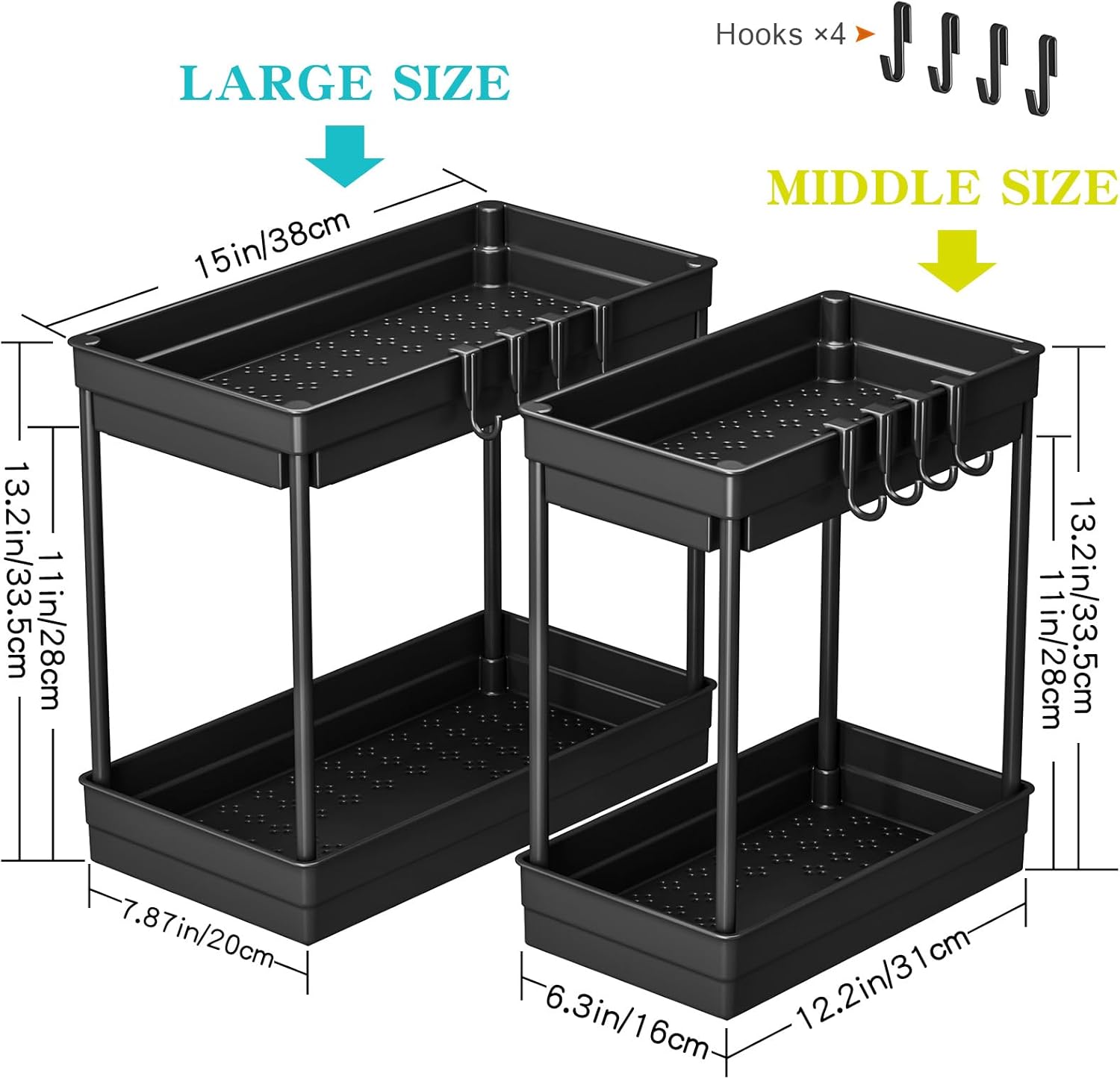 PurKeep 2 Pack Under Sink Storage - 2 Tier Kitchen Storage and Organisation Cupboard Organiser, Under Sink Shelf, Under Cabinet Organizer with Hooks, for Bathroom Kitchen Countertop, 2 Size 1L+1M