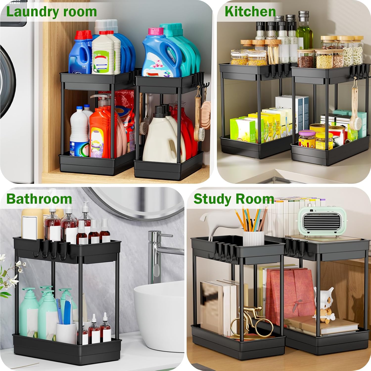 PurKeep 2 Pack Under Sink Storage - 2 Tier Kitchen Storage and Organisation Cupboard Organiser, Under Sink Shelf, Under Cabinet Organizer with Hooks, for Bathroom Kitchen Countertop, 2 Size 1L+1M