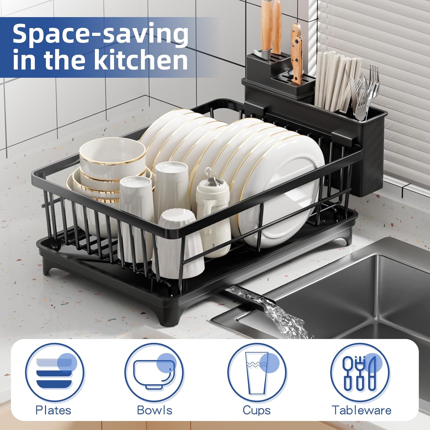 PurKeep Dish Drainer Rack - Space-Saving Dish Rack with Utensil Holder for Kitchen Counter, Large Capacity Dish Drying Rack with Draining Board, Black