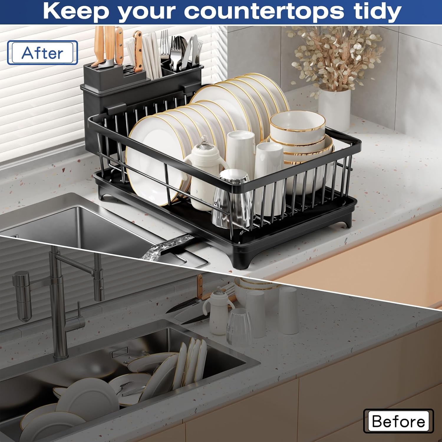 PurKeep Dish Drainer Rack - Space-Saving Dish Rack with Utensil Holder for Kitchen Counter, Large Capacity Dish Drying Rack with Draining Board, Black