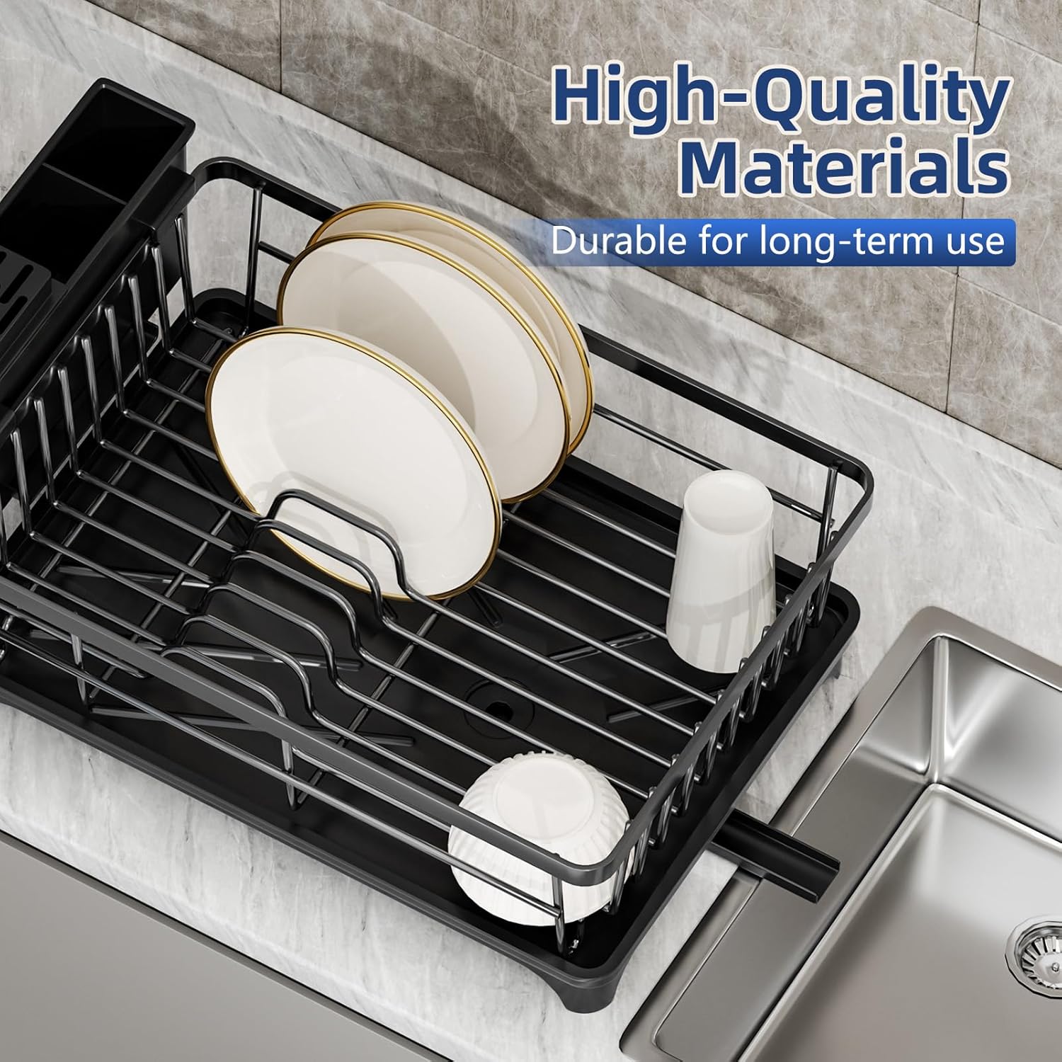 PurKeep Dish Drainer Rack - Space-Saving Dish Rack with Utensil Holder for Kitchen Counter, Large Capacity Dish Drying Rack with Draining Board, Black
