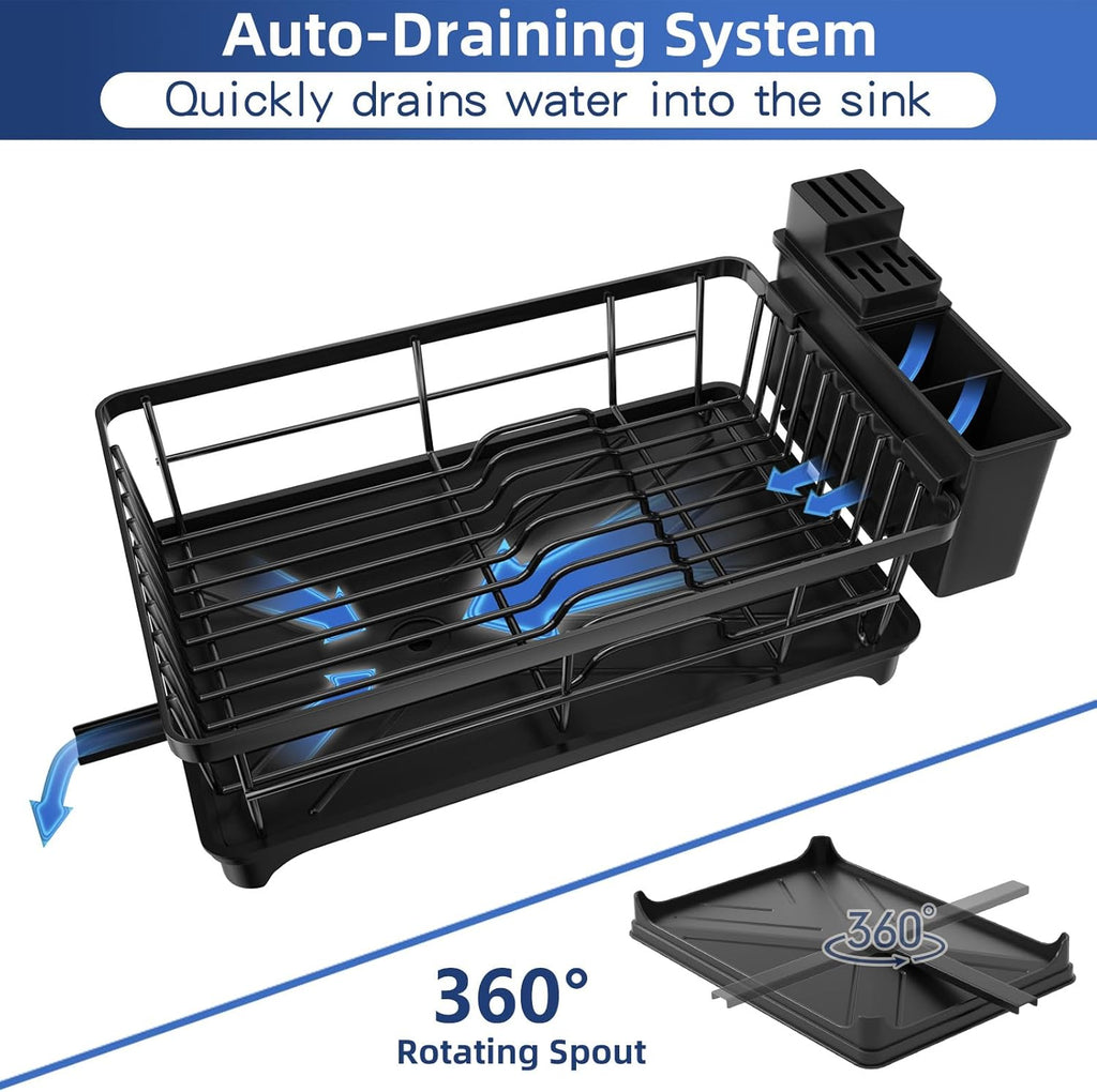 PurKeep Dish Drainer Rack - Space-Saving Dish Rack with Utensil Holder for Kitchen Counter, Large Capacity Dish Drying Rack with Draining Board, Black