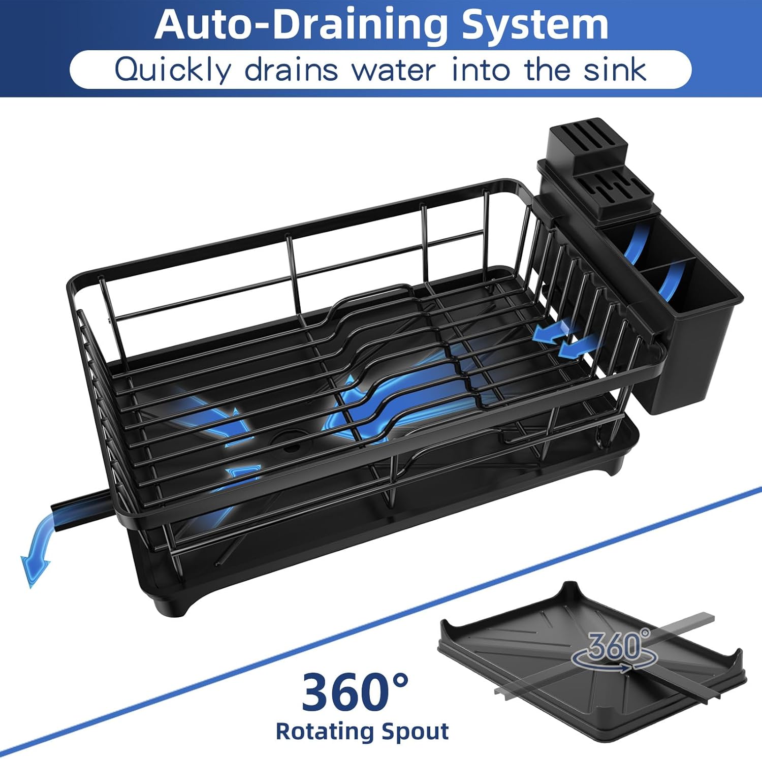 PurKeep Dish Drainer Rack - Space-Saving Dish Rack with Utensil Holder for Kitchen Counter, Large Capacity Dish Drying Rack with Draining Board, Black