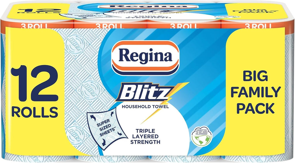 Regina Blitz Household Towels – 12 Packs, 3-ply Kitchen Rolls, 70 Sheets Each, FSC Certified, Recyclable, 60% Larger Sheets