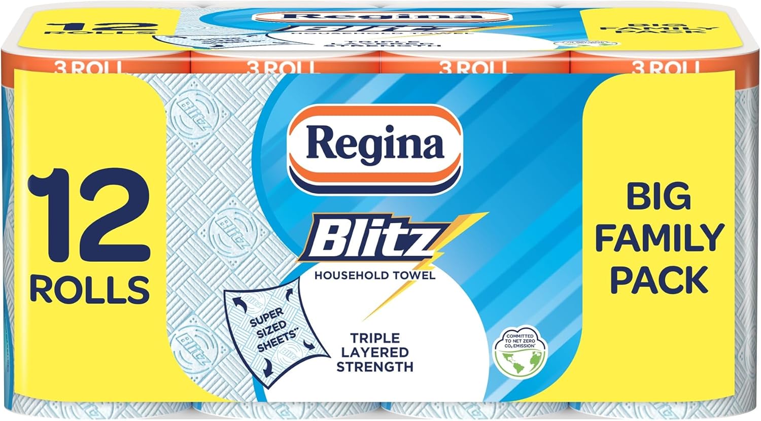 Regina Blitz Household Towels – 12 Packs, 3-ply Kitchen Rolls, 70 Sheets Each, FSC Certified, Recyclable, 60% Larger Sheets