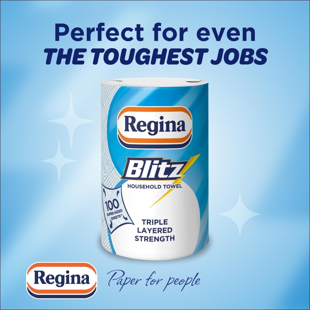 Regina Blitz Household Towels – 8 Triple Layered Rolls, 70 Sheets Per Roll, Paper Packaging, FSC Certified Paper, Recyclable Packaging, 60% Larger Than Standard Kitchen Roll Sheets