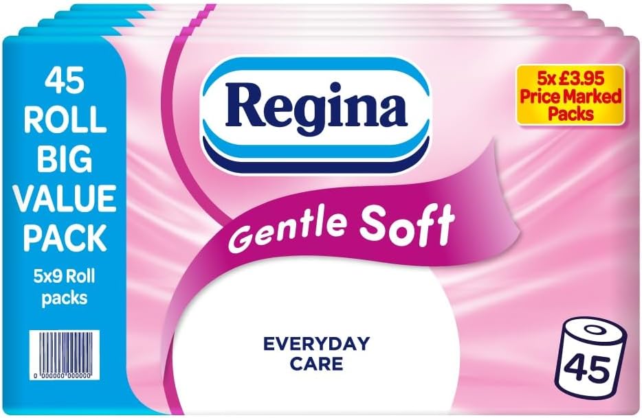 Regina Gentle Soft Toilet Tissue - 45 Rolls of 3 Ply Toilet Paper, 160 Sheets, Soft and Gentle, 30% PCR Plastic Packaging, FSC Certificated