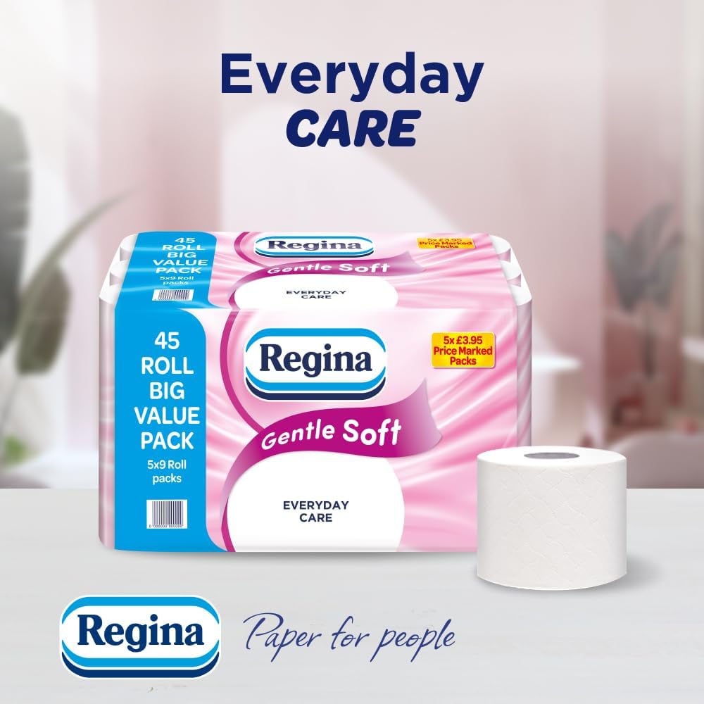 Regina Gentle Soft Toilet Tissue - 45 Rolls of 3 Ply Toilet Paper, 160 Sheets, Soft and Gentle, 30% PCR Plastic Packaging, FSC Certificated