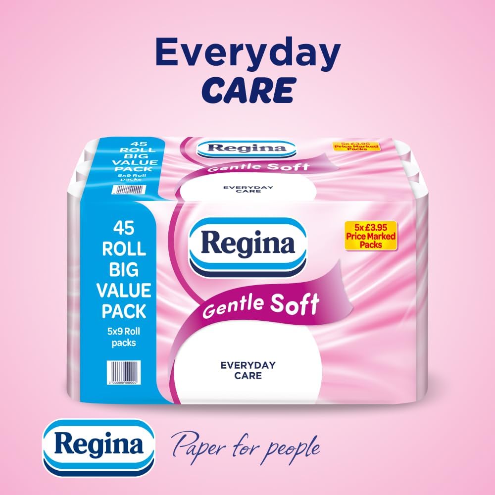 Regina Gentle Soft Toilet Tissue - 45 Rolls of 3 Ply Toilet Paper, 160 Sheets, Soft and Gentle, 30% PCR Plastic Packaging, FSC Certificated
